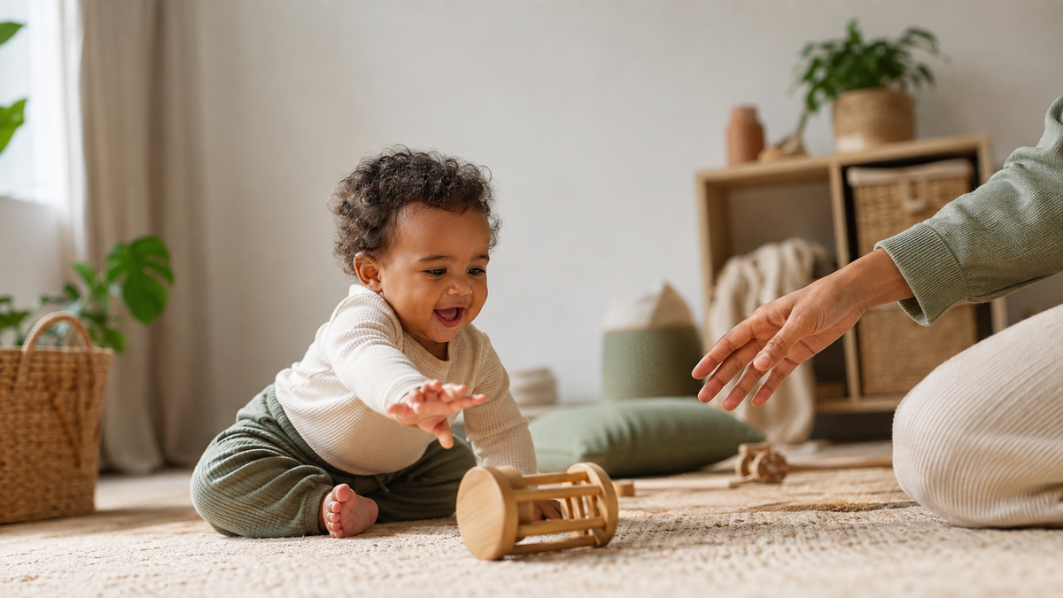 Baby reaching for toy on the floor sitting up