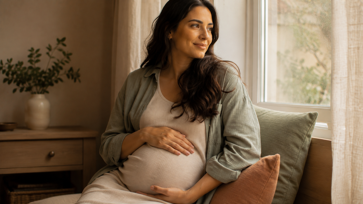 pregnant woman looking out the window holding her belly